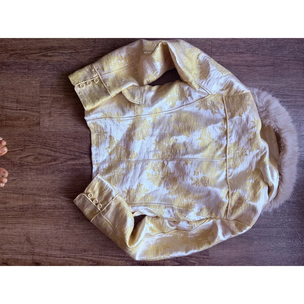 Free People Faux Fur Collar Jacquard Jacket Straw Yellow Floral ‎ XS